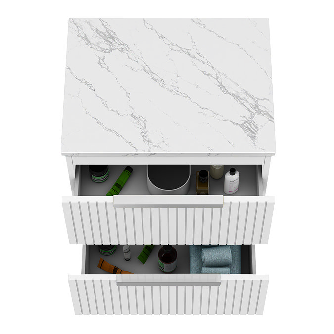 Milan Fluted 600mm Matt White Vanity Unit - Wall Hung 2 Drawer Unit with Carrara Marble Worktop & Chrome Handles