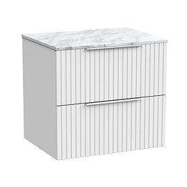 Milan Fluted 600mm Matt White Vanity Unit - Wall Hung 2 Drawer Unit with Carrara Marble Worktop & Chrome Handles