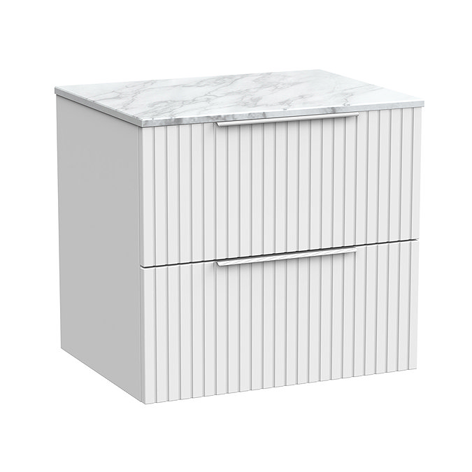 Milan Fluted 600mm Matt White Vanity Unit - Wall Hung 2 Drawer Unit with Carrara Marble Worktop & Chrome Handles