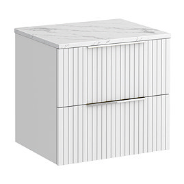 Milan Fluted 600mm Matt White Vanity Unit - Wall Hung 2 Drawer Unit with Carrara Marble Worktop & Chrome Handles