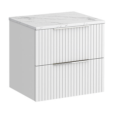 Milan Fluted 600mm Matt White Vanity Unit - Wall Hung 2 Drawer Unit with Carrara Marble Worktop & Chrome Handles