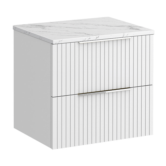 Milan Fluted 600mm Matt White Vanity Unit - Wall Hung 2 Drawer Unit with Carrara Marble Worktop & Chrome Handles