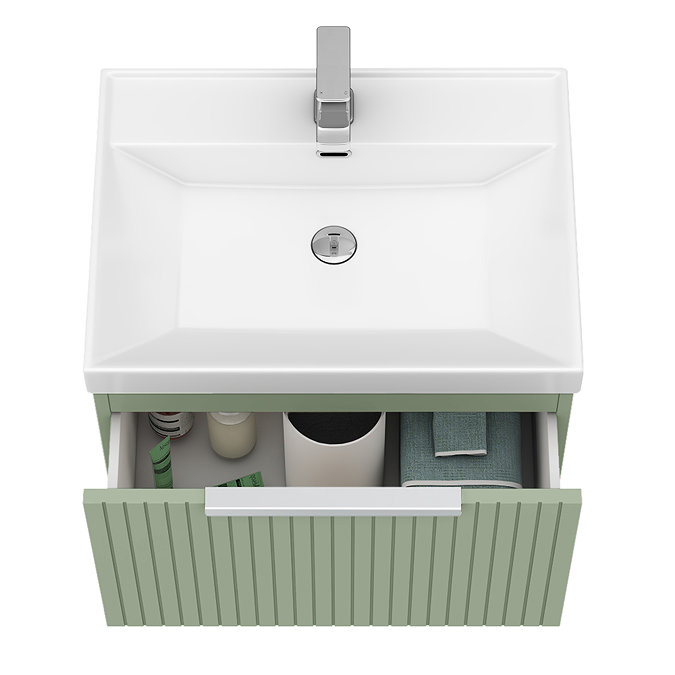 Milan Fluted 600mm Satin Green 1-Drawer Wall Hung Vanity Unit with Chrome Handle