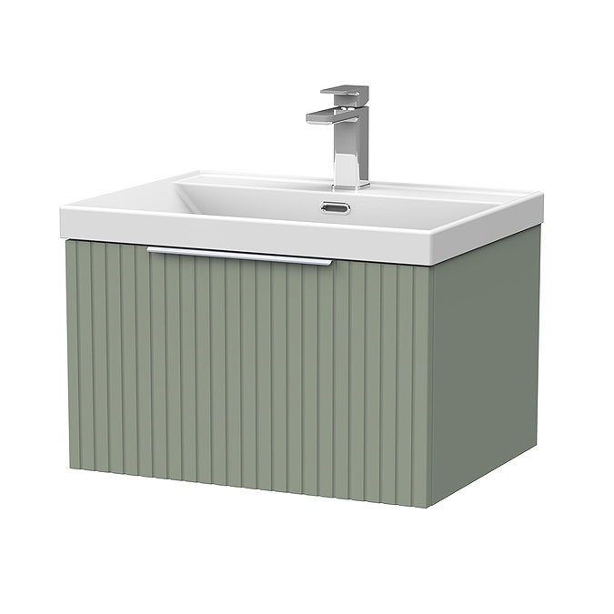 Milan Fluted 600mm Satin Green 1-Drawer Wall Hung Vanity Unit with Chrome Handle