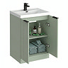 Milan Fluted 600mm Satin Green 2-Door Floor Standing Vanity Unit with Matt Black Handles