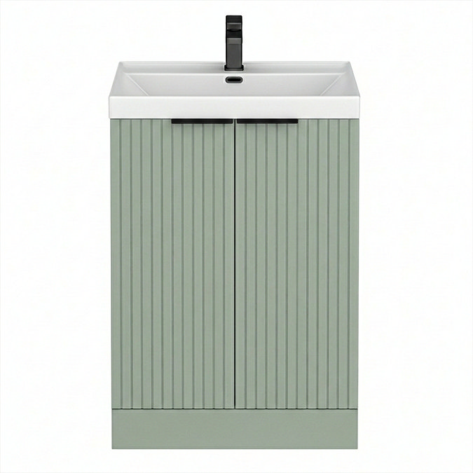 Milan Fluted 600mm Satin Green 2-Door Floor Standing Vanity Unit with Matt Black Handles