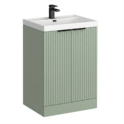 Milan Fluted 600mm Satin Green 2-Door Floor Standing Vanity Unit with Matt Black Handles