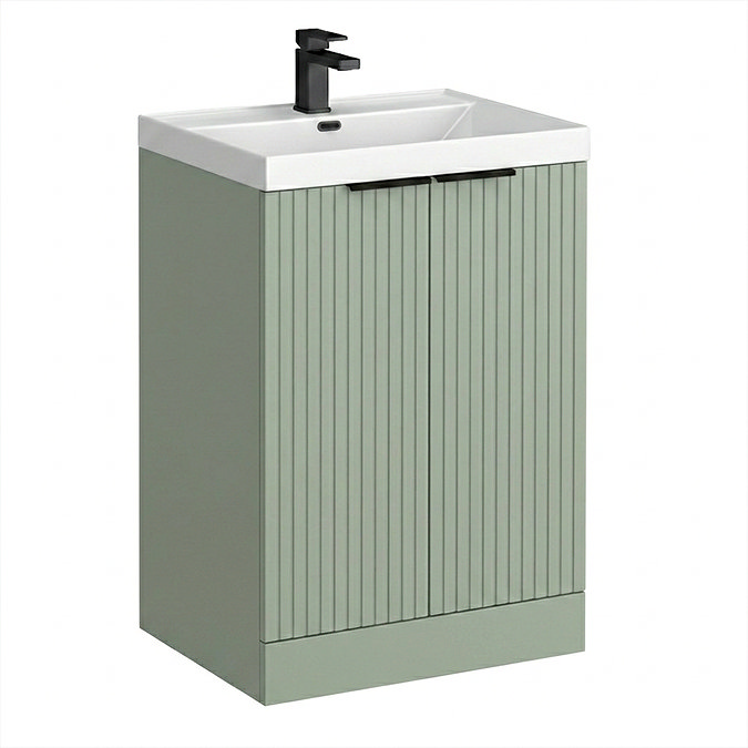 Milan Fluted 600mm Satin Green 2-Door Floor Standing Vanity Unit with Matt Black Handles