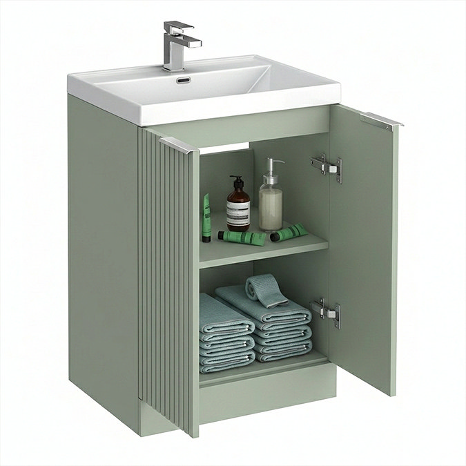 Milan Fluted 600mm Satin Green 2-Door Floor Standing Vanity Unit