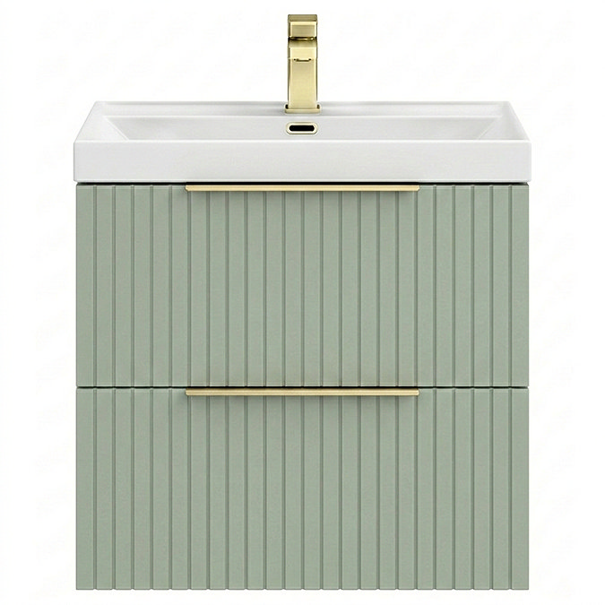 Milan Fluted 600mm Satin Green 2-Drawer Wall Hung Vanity Unit with Brushed Brass Handles