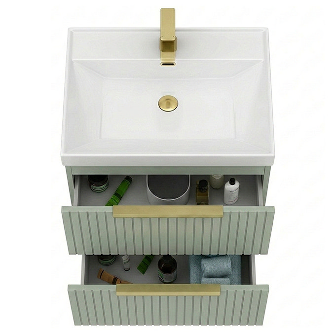 Milan Fluted 600mm Satin Green 2-Drawer Wall Hung Vanity Unit with Brushed Brass Handles