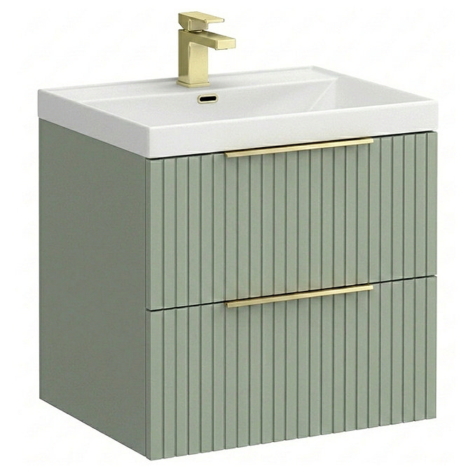 Milan Fluted 600mm Satin Green 2-Drawer Wall Hung Vanity Unit with Brushed Brass Handles