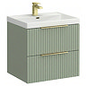 Milan Fluted 600mm Satin Green 2-Drawer Wall Hung Vanity Unit with Brushed Brass Handles