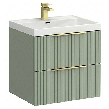 Milan Fluted 600mm Satin Green 2-Drawer Wall Hung Vanity Unit with Brushed Brass Handles