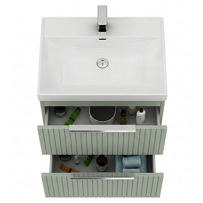 Milan Fluted 600mm Satin Green 2-Drawer Wall Hung Vanity Unit with Chrome Handles