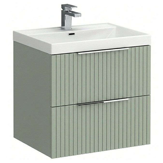 Milan Fluted 600mm Satin Green 2-Drawer Wall Hung Vanity Unit with Chrome Handles