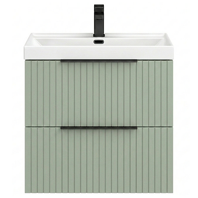 Milan Fluted 600mm Satin Green 2-Drawer Wall Hung Vanity Unit with Matt Black Handles