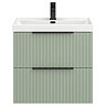 Milan Fluted 600mm Satin Green 2-Drawer Wall Hung Vanity Unit with Matt Black Handles
