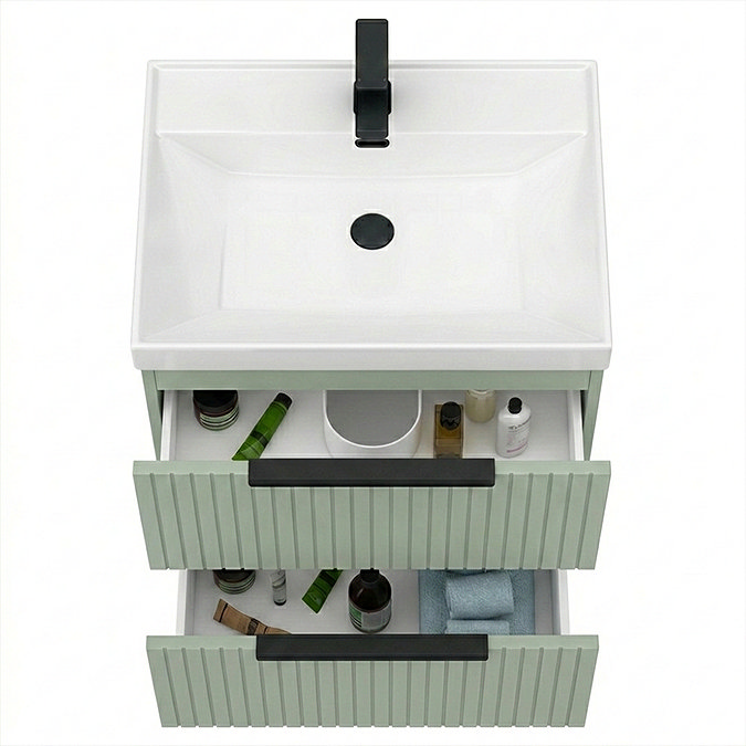 Milan Fluted 600mm Satin Green 2-Drawer Wall Hung Vanity Unit with Matt Black Handles