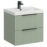 Milan Fluted 600mm Satin Green 2-Drawer Wall Hung Vanity Unit with Matt Black Handles