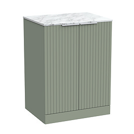 Milan Fluted 600mm Satin Green Vanity Unit - Floor Standing 2-Door Unit with Carrara Marble Worktop & Chrome Handles