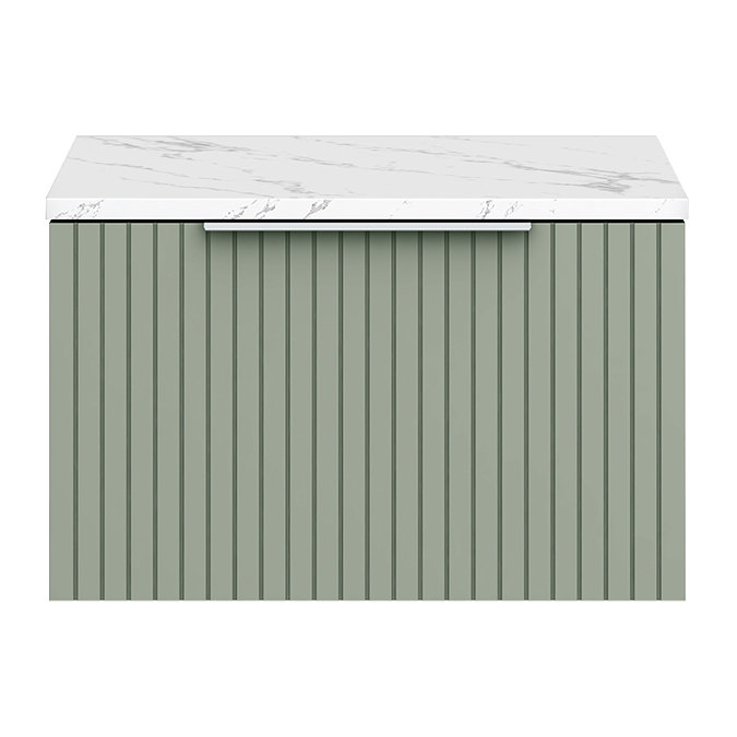 Milan Fluted 600mm Satin Green Vanity Unit - Wall Hung 1 Drawer Unit with Carrara Marble Worktop & Chrome Handle