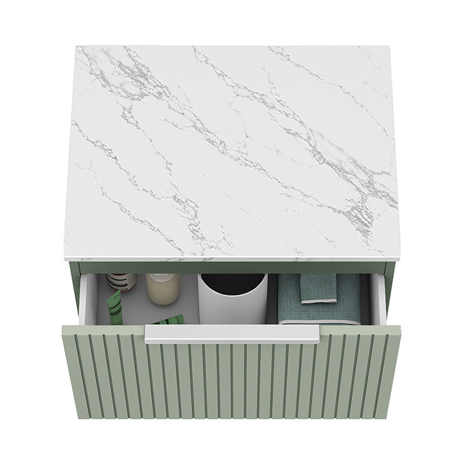 Milan Fluted 600mm Satin Green Vanity Unit - Wall Hung 1 Drawer Unit with Carrara Marble Worktop & Chrome Handle