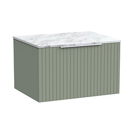 Milan Fluted 600mm Satin Green Vanity Unit - Wall Hung 1 Drawer Unit with Carrara Marble Worktop & Chrome Handle