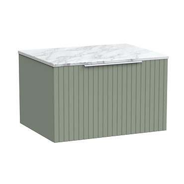Milan Fluted 600mm Satin Green Vanity Unit - Wall Hung 1 Drawer Unit with Carrara Marble Worktop & Chrome Handle