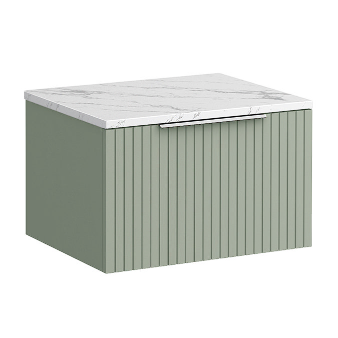 Milan Fluted 600mm Satin Green Vanity Unit - Wall Hung 1 Drawer Unit with Carrara Marble Worktop & Chrome Handle