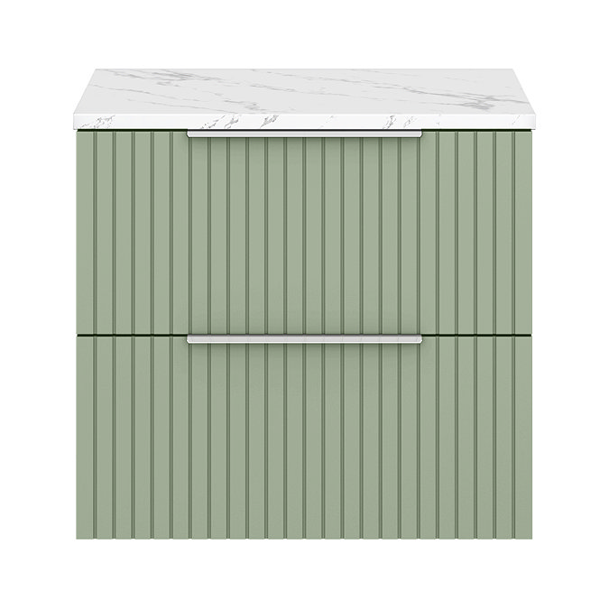Milan Fluted 600mm Satin Green Vanity Unit - Wall Hung 2 Drawer Unit with Carrara Marble Worktop & Chrome Handles