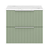 Milan Fluted 600mm Satin Green Vanity Unit - Wall Hung 2 Drawer Unit with Carrara Marble Worktop & Chrome Handles