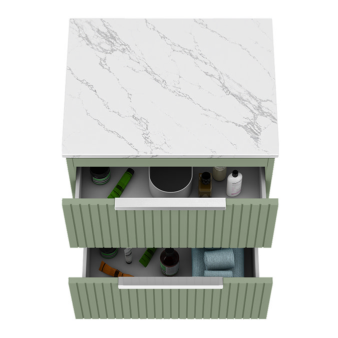 Milan Fluted 600mm Satin Green Vanity Unit - Wall Hung 2 Drawer Unit with Carrara Marble Worktop & Chrome Handles