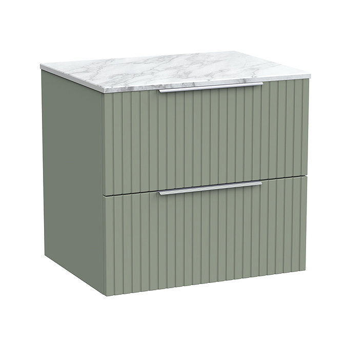 Milan Fluted 600mm Satin Green Vanity Unit - Wall Hung 2 Drawer Unit with Carrara Marble Worktop & Chrome Handles