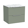 Milan Fluted 600mm Satin Green Vanity Unit - Wall Hung 2 Drawer Unit with Carrara Marble Worktop & Chrome Handles