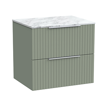 Milan Fluted 600mm Satin Green Vanity Unit - Wall Hung 2 Drawer Unit with Carrara Marble Worktop & Chrome Handles