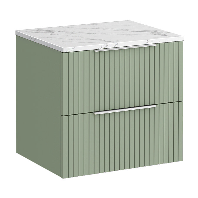 Milan Fluted 600mm Satin Green Vanity Unit - Wall Hung 2 Drawer Unit with Carrara Marble Worktop & Chrome Handles