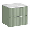 Milan Fluted 600mm Satin Green Vanity Unit - Wall Hung 2 Drawer Unit with Carrara Marble Worktop & Chrome Handles