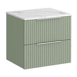 Milan Fluted 600mm Satin Green Vanity Unit - Wall Hung 2 Drawer Unit with Carrara Marble Worktop & Chrome Handles