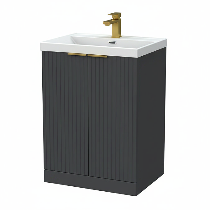 Milan Fluted 600mm Soft Black 2-Door Floor Standing Vanity Unit with Brushed Brass Handles