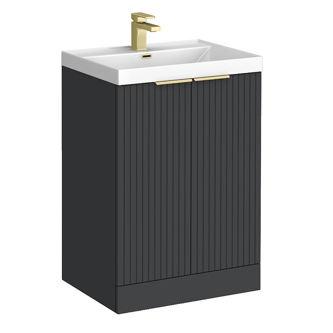 Milan Fluted 600mm Soft Black 2-Door Floor Standing Vanity Unit with Brushed Brass Handles