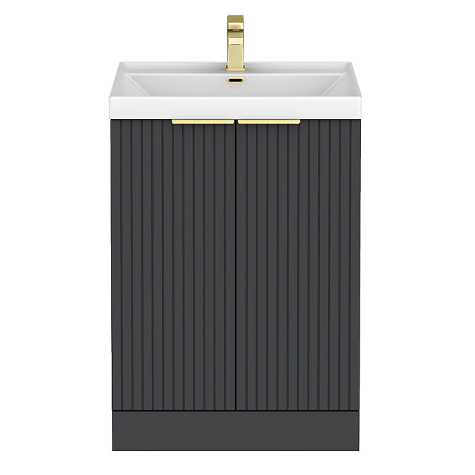 Milan Fluted 600mm Soft Black 2-Door Floor Standing Vanity Unit with Brushed Brass Handles