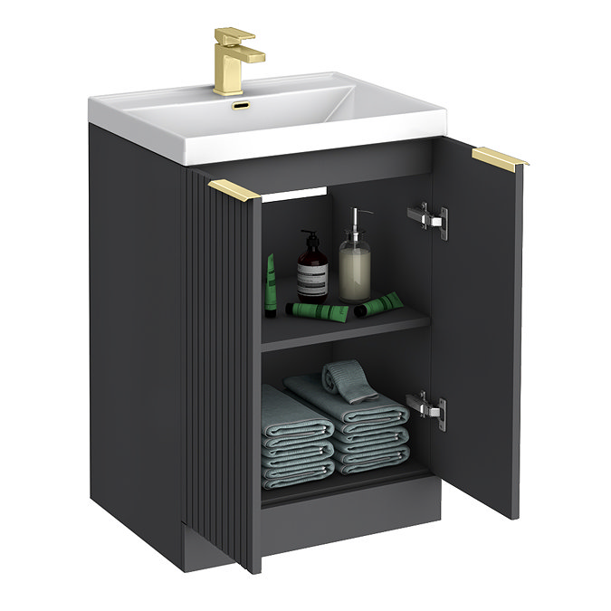 Milan Fluted 600mm Soft Black 2-Door Floor Standing Vanity Unit with Brushed Brass Handles
