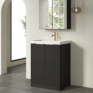 Milan Fluted 600mm Soft Black 2-Door Floor Standing Vanity Unit with Brushed Brass Handles