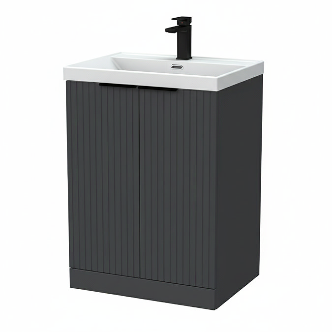 Milan Fluted 600mm Soft Black 2-Door Floor Standing Vanity Unit with Matt Black Handles