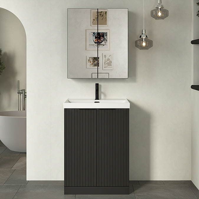 Milan Fluted 600mm Soft Black 2-Door Floor Standing Vanity Unit with Matt Black Handles