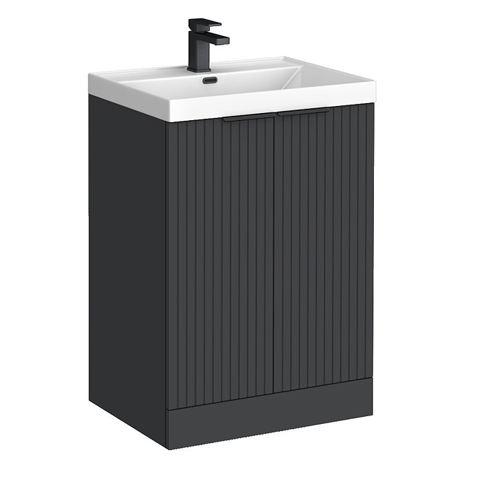 Milan Fluted 600mm Soft Black 2-Door Floor Standing Vanity Unit with Matt Black Handles
