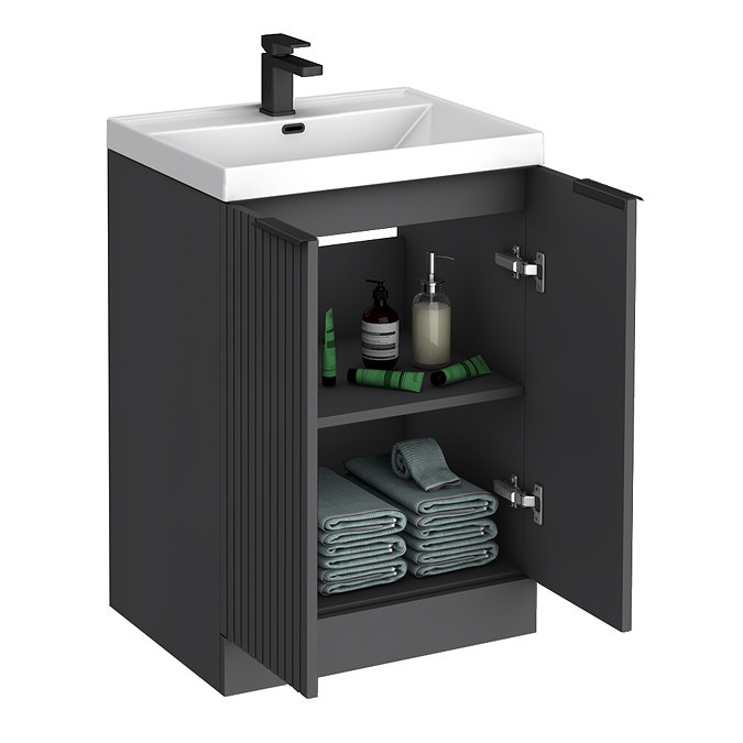 Milan Fluted 600mm Soft Black 2-Door Floor Standing Vanity Unit with Matt Black Handles