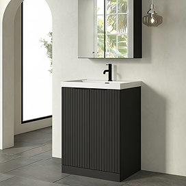 Milan Fluted 600mm Soft Black 2-Door Floor Standing Vanity Unit with Matt Black Handles