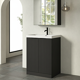 Milan Fluted 600mm Soft Black 2-Door Floor Standing Vanity Unit with Matt Black Handles